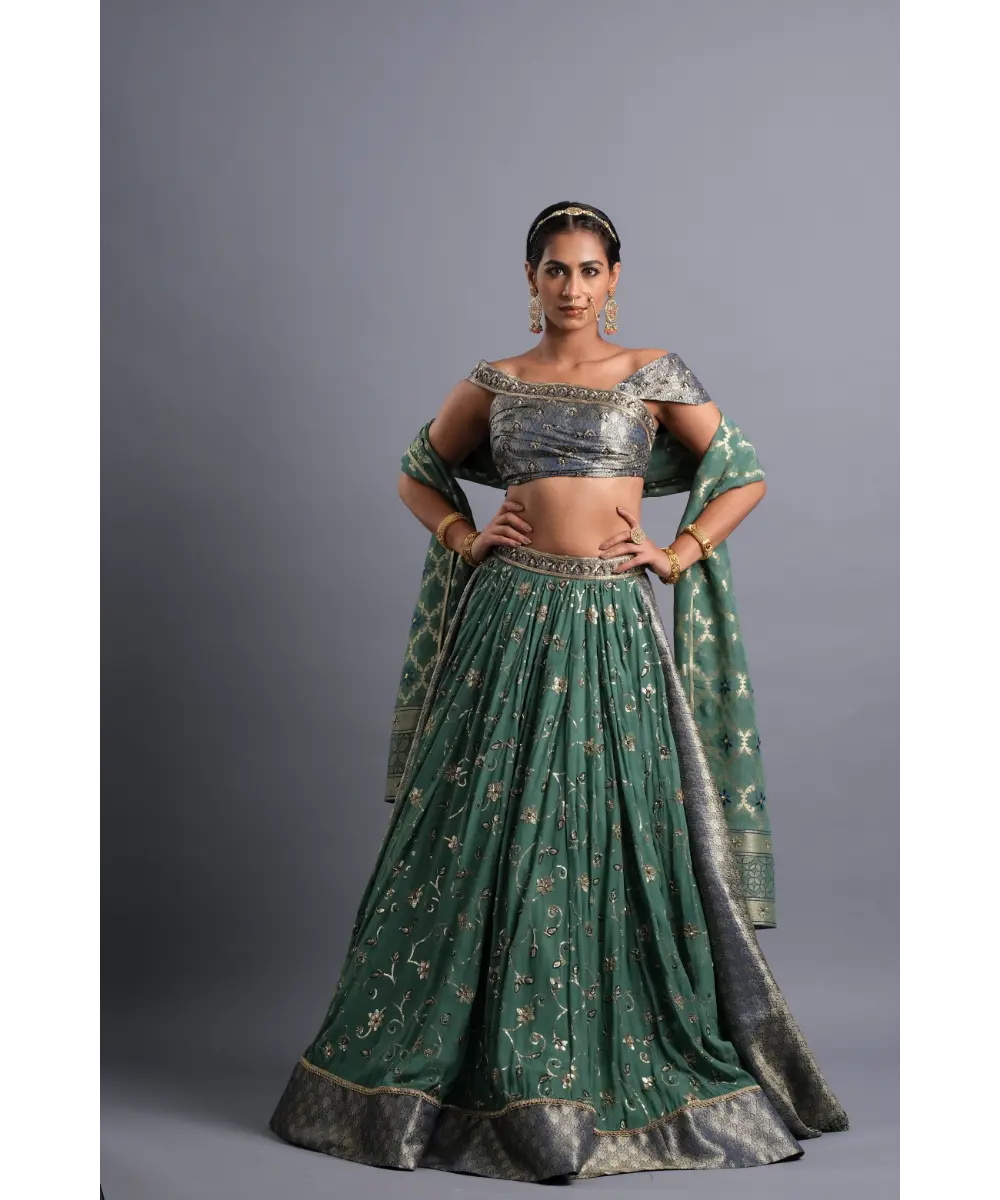 AASTHA SOOD - Teal green georgette Zardozi Lehenga